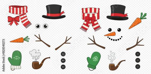 Vector illustration of snowman building kit with various accessories like hat, scarf, carrot nose, twig arms, and buttons for winter crafts.