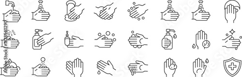 Set of Hand Washing and Hygiene Line Icons, Illustrating Sanitization, Soap, Water, Protective Shield, and Clean Hands for Health, Safety, and Virus Prevention Concepts.