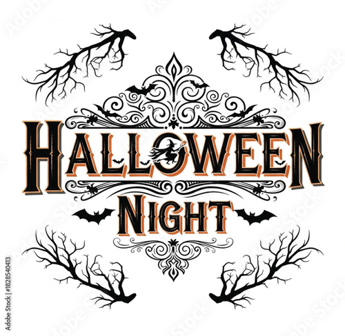 Halloween Night Banner Gothic Typography Bats Tree
