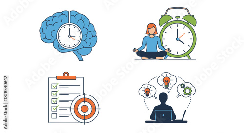 vector illustration of An image of time management and goal setting in the workplace. The image features a brain with a clock, a person meditating with a clock, a checklist.