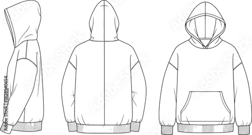 Technical Flat Vector Drawing of an Oversized Drop Shoulder Hoodie Garment with Front Kangaroo Pocket, Showing Front, Back, and Side View for Fashion Design and Apparel Product Mockups