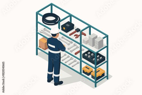 Maintenance worker checking tools on shelving unit for industrial repairs and construction needs in a factory setting