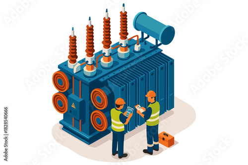 Electricians inspect high voltage transformer for safe power distribution in industrial facility, ensuring reliable energy supply