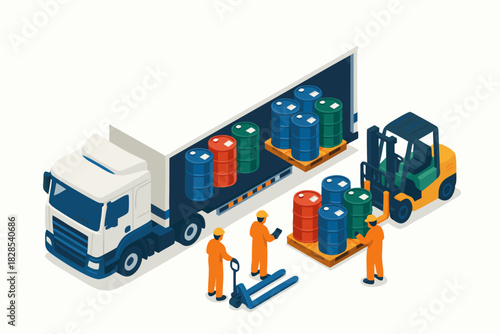 Efficient industrial logistics team loading vibrant chemical barrels onto truck with forklift in modern warehouse operation
