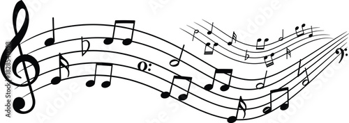 Waving Black and White Vector Illustration of a Musical Staff with Notes and a Treble Clef, Representing Sound Waves, Music Performance, Composition, Rhythm, and Creative Melodies.