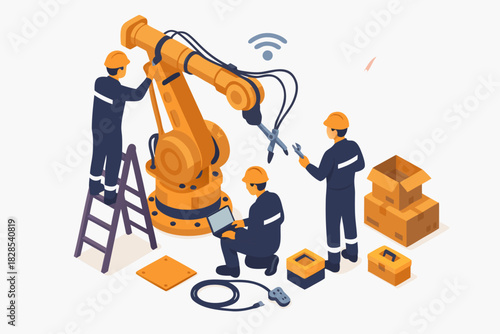 Robotics maintenance team working on assembly line automation with laptop and tools for modern factory solutions