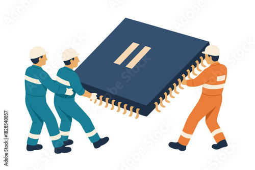 Engineers collaborating to install a new generation microchip in a tech manufacturing environment for peak performance