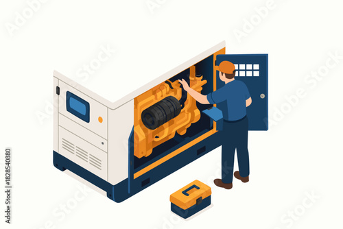 Technician maintaining a generator in isometric view, ensuring power reliability and seamless functionality