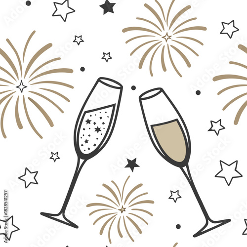 Seamless pattern with champagne glasses, stars and fireworks for festive celebrations. Champagne glasses clink amidst golden fireworks, creating a celebratory background.
