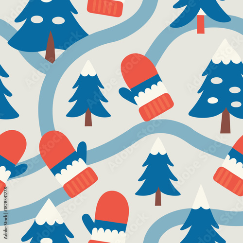 Seamless cozy mittens and scarves design with snow covered pine trees in winter, whimsical design. Cozy mittens and scarves add a warm touch to winter scenes with pine trees.
