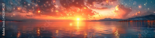 Panoramic Sunset Over Water with Starry Sky and Mountains