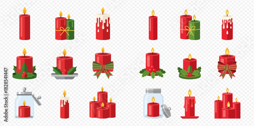 A collection of various red and green festive candles with decorative elements like holly, bows, and dripping wax, presented as illustrations.