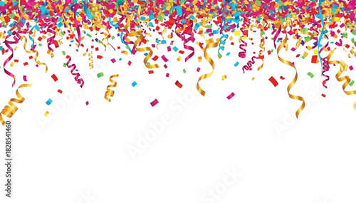Colorful confetti and ribbons falling from above, creating a festive and celebratory atmosphere isolated on white background
