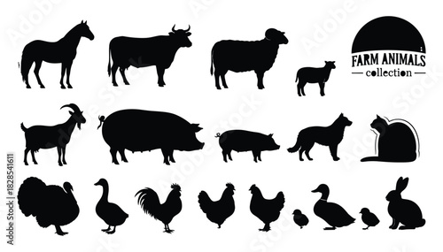 Farm animals silhouettes isolated on white background horse, cow, sheep, goat, pig, dog, cat, turkey, duck, rooster, hen, chick and rabbit
