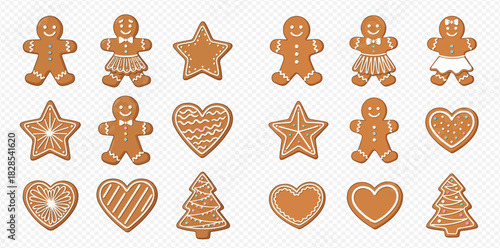 Collection of various gingerbread cookies including men, women, stars, hearts, and Christmas trees, some with white icing decorations.