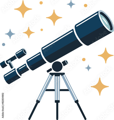 Dark blue vector telescope on a tripod surrounded by sparkling stars for astronomical observation and research