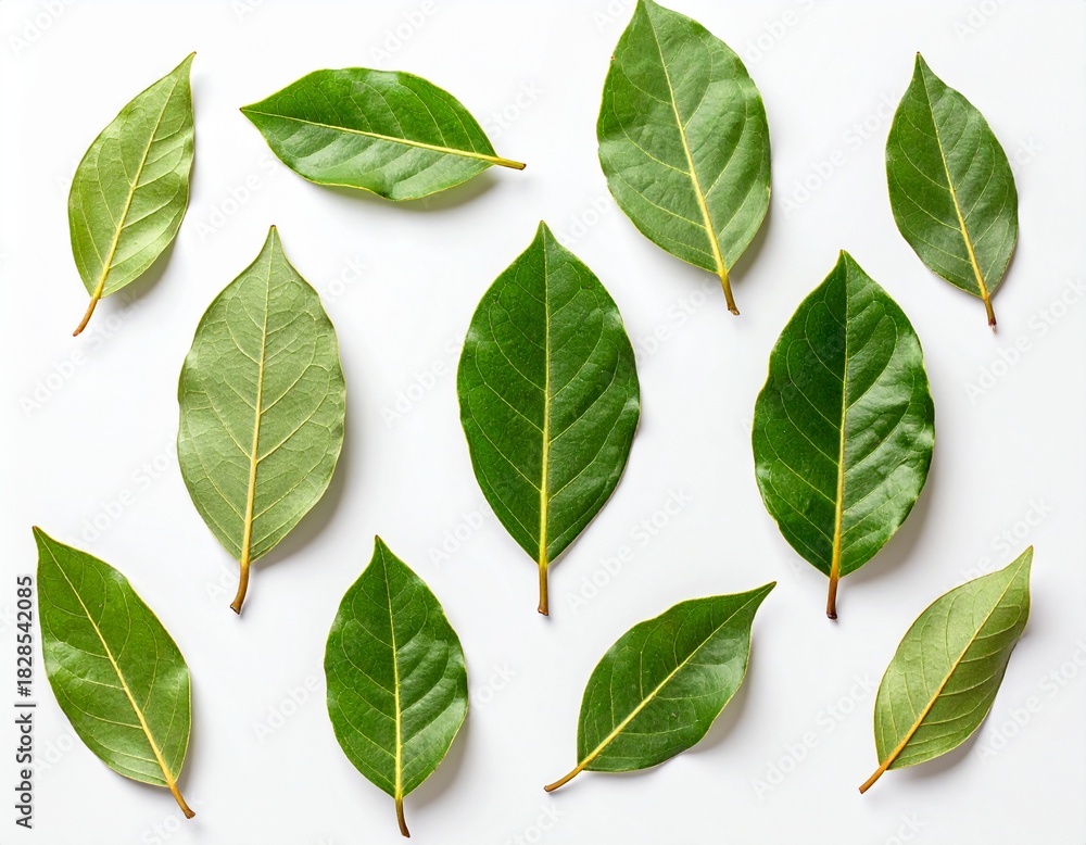 Obraz premium Fresh Bay Leaves Pattern Arranged on White Background, Top View Flat Lay