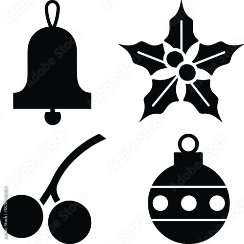 Christmas Icons Set - Bell, Holly, Berries and Ornament Silhouette