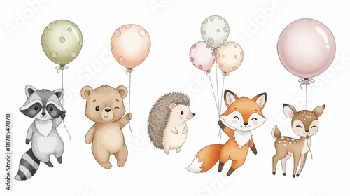 Watercolor woodland animals with balloons isolated on white background raccoon, bear, hedgehog, fox, and deer for baby shower decoration