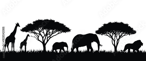 Silhouette of african animals including giraffe, elephant, and lion isolated on white background in the savanna with trees and grass