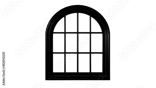 Black arched window with multiple panes silhouette isolated on a transparent background multi-pane