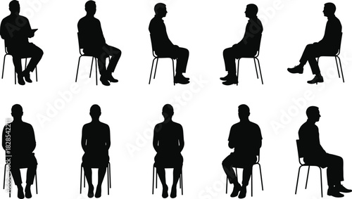Comprehensive collection of black male silhouettes sitting on simple chairs in various frontal and side profile poses, ideal for representing an audience, 