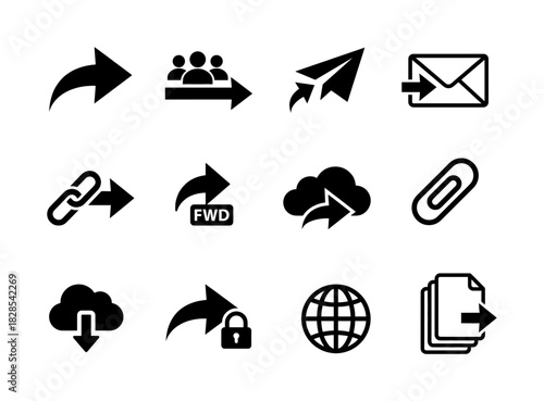 Directional Arrows and Communication Black Glyph Icons Set - Send, Forward, Link, Download, and Transfer Vector Symbols Collection for Interface and Workflow