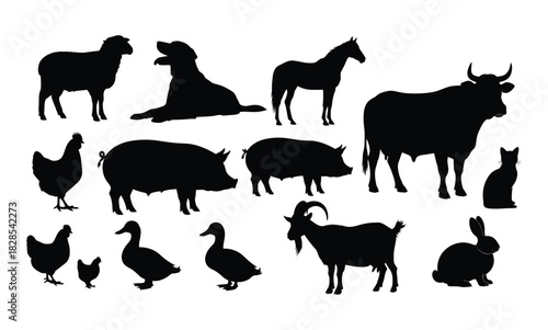 Silhouette of farm animals isolated on white background, including sheep, dog, horse, cow, chicken, pig, duck, goat, rabbit, and cat, in black color