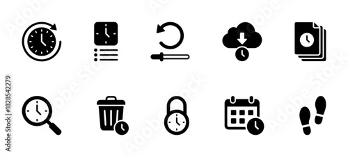 Time and History Black Glyph Icons Set - Clock, Management, Recycling, Storage, and Timeline Vector Symbols Collection for Chronology and Data Organization