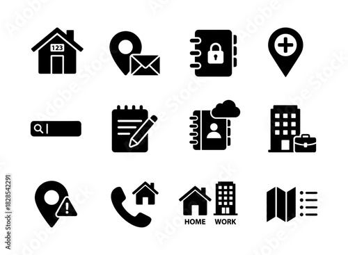 Location and Address Black Glyph Icons Set - Home, Mail, Office, Search, Warning, and Map Vector Symbols Collection for Geographical and Contact Information