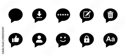 Chat Bubble Interaction Black Glyph Icons Set - Download, Rating, Edit, Delete, User, and Language Vector Symbols Collection for Comments and Messaging Interface