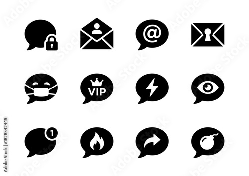 Advanced Chat and Alert Black Glyph Icons Set - Security, VIP, Mask, Fire, Bomb, and Digital Communication Vector Symbols Collection for Special Messages and Alerts