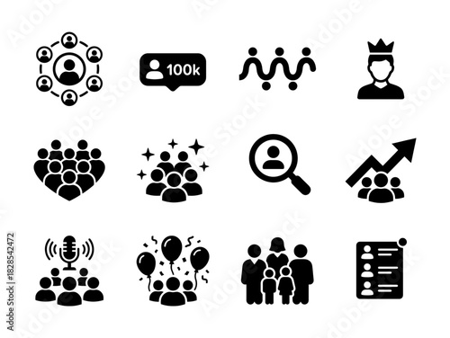 Social Media and Audience Black Glyph Icons Set - Follower, King, Growth, Broadcast, and Celebration Vector Symbols Collection for Online Influence and Engagement