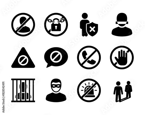 Security and Prohibition Black Glyph Icons Set - Warning, Restriction, Jail, Thief, and Alarm Off Vector Symbols Collection for Safety and Danger Alerts