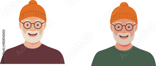 Smiling Elderly Man with Glasses, White Beard, and Orange Beanie, Portrait of a Modern Senior Citizen, Grandfather, or Hipster Retiree, Flat Vector.
