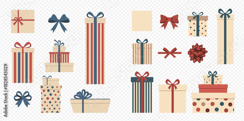 A collection of various gift boxes and decorative bows in different shapes and patterns, perfect for celebrations.