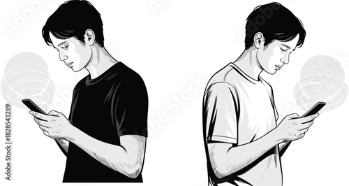 Young man using smartphone with digital signal waves, black and white vector sketch illustration for technology addiction concept.