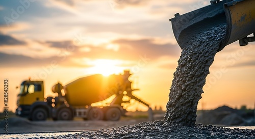 A concrete mixer truck pouring cement at a construction site during a vibrant sunset scene view
