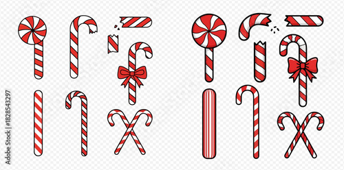 Assortment of festive red and white striped Christmas candy canes and round lollipops, some broken or adorned with bows, presented as vector illustrations.