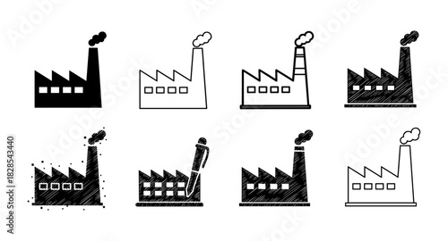 Industrial factory icons set in various styles for design projects