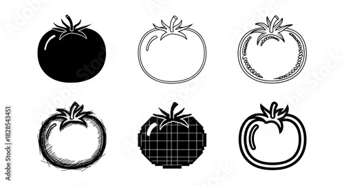 Stylized tomato variations in silhouette, linear, and pixel art styles