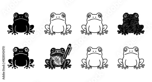 Variety of frog silhouettes and line art in different artistic styles