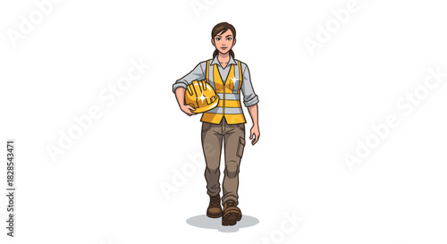 vector illustration of A female construction worker confidently walks forward, holding a yellow helmet. She is wearing a reflective vest and work clothes