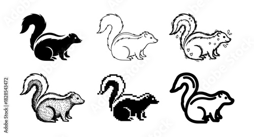 Stylized skunk designs in various artistic formats and textures