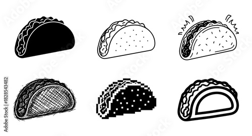 Taco styles: silhouette, outline, doodle, pixel, and hand drawn variations