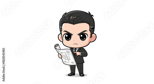 vector illustration of A cartoon business man with determined face, examining blueprint