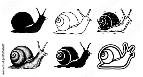 Stylized snail designs in various artistic styles and techniques