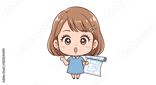 vector illustration of A cute cartoon woman holding a blueprint in a surprised expression. A cheerful, expressive illustration of a young woman is presented here.