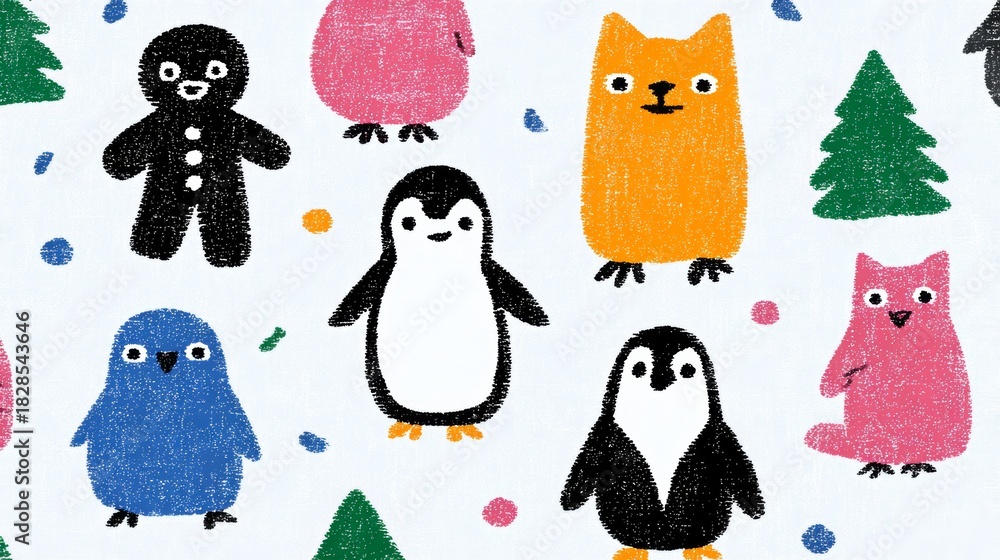 Obraz premium Colorful flat illustration featuring various cute animals including penguins, a fox, and a bear, surrounded by playful shapes and trees, creating a whimsical and cheerful atmosphere for children's des