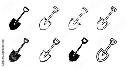 Hand drawn shovel collection: diverse sketch styles for gardening and construction
